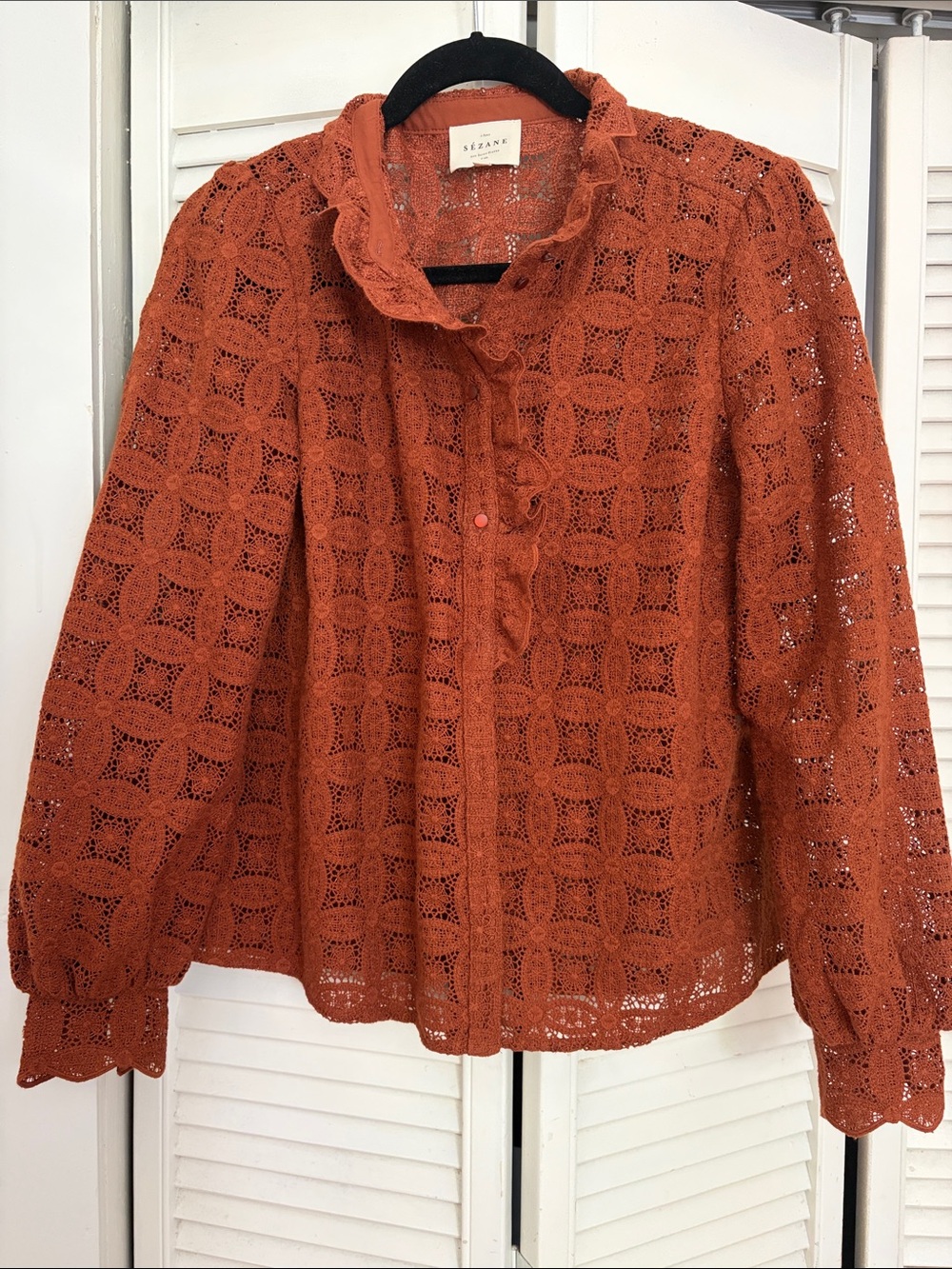 SEZANE Rust Crochet Button-Front Blouse